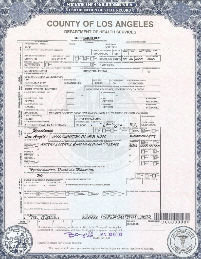 USA California Death Certificate template in PSD format