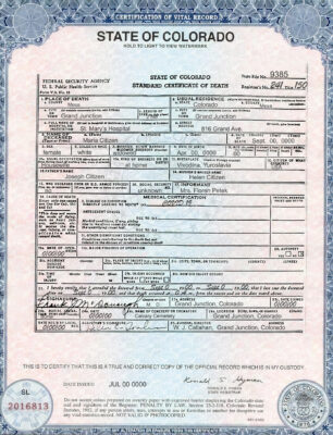 Customizable USA Colorado state Death Certificate PSD Templates | Instant Download