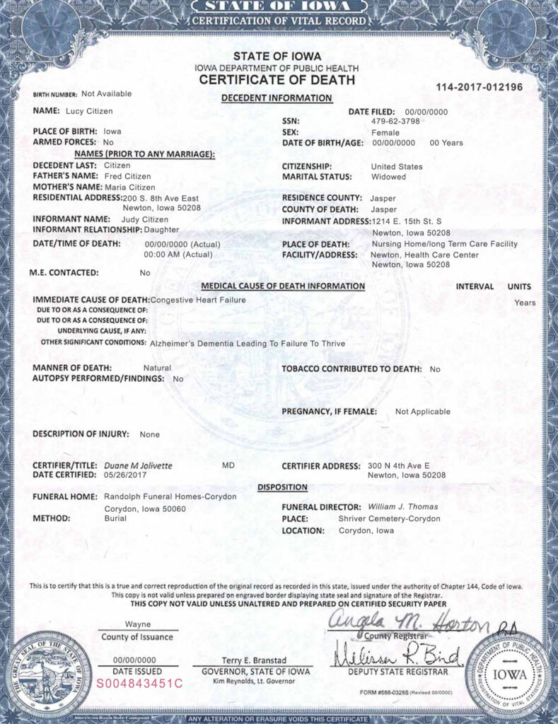 USA Iowa state death certificate template in PSD format, fully editable