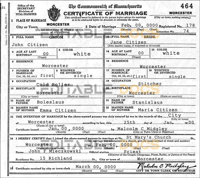 USA Massachusetts Marriage Certificate Editable PSD Templates