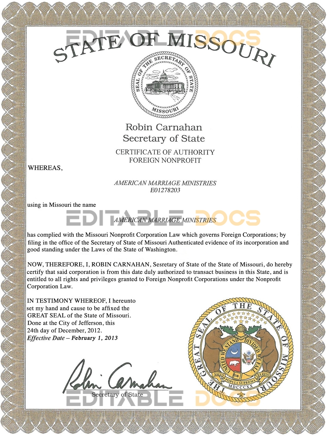 USA Missouri Marriage Certificate | Editable PSD Templates