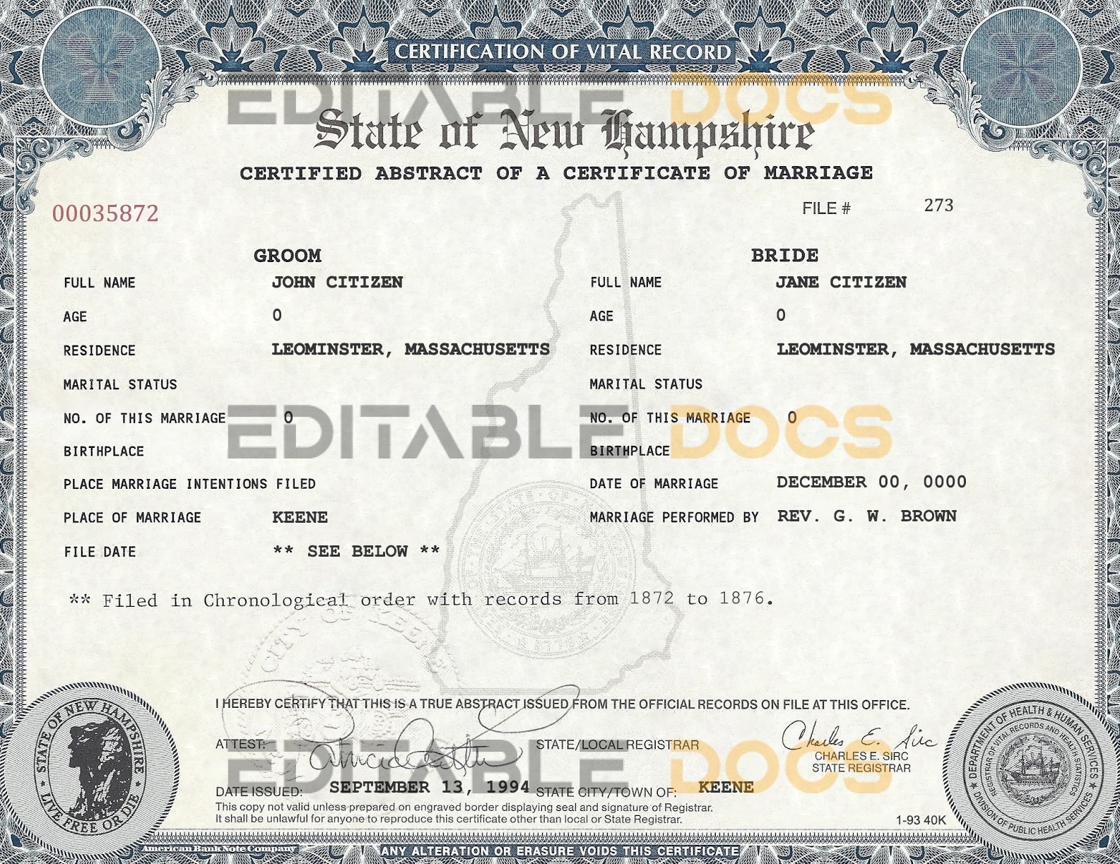 USA New Hampshire Marriage Certificate | Editable PSD Templates