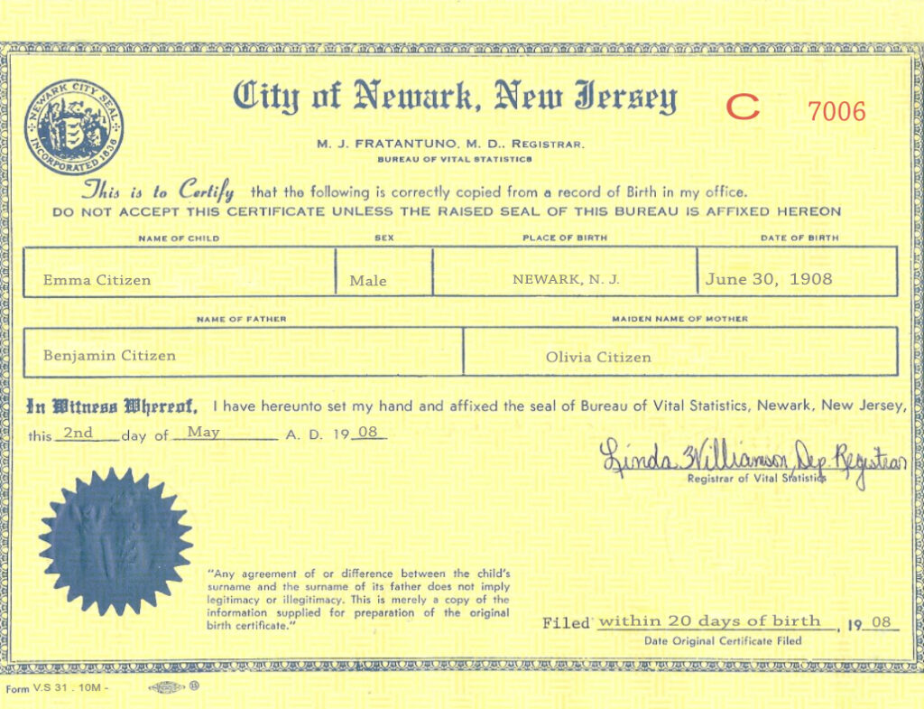 USA New Jersey state birth certificate template in PSD format, fully editable