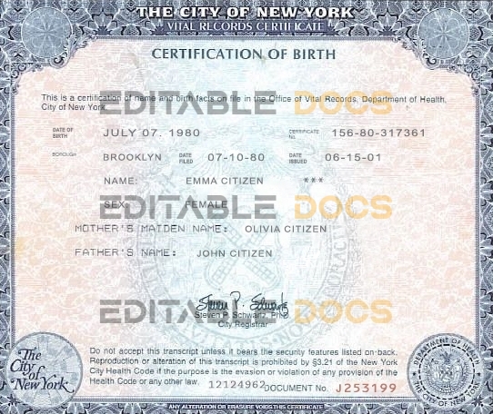 USA New York state birth certificate template in PSD format, fully editable