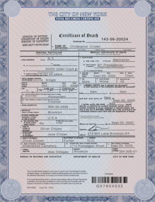 Customizable USA New York Death Certificate PSD Templates | Instant Download