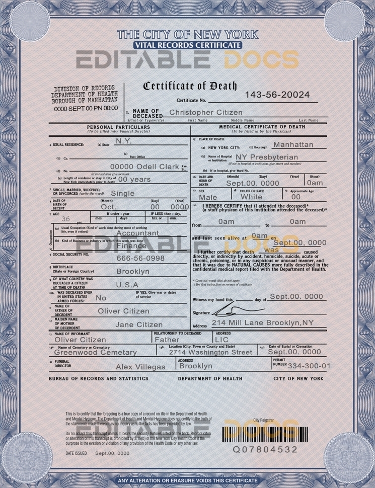 Customizable USA New York Death Certificate PSD Templates Instant Download