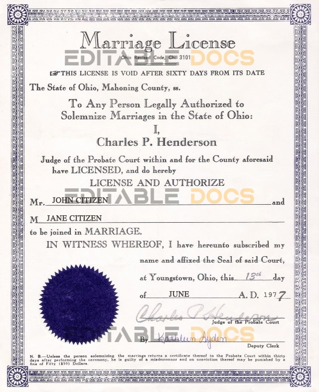 USA Ohio Marriage Certificate Editable PSD Templates