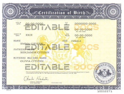 USA Pennsylvania state birth certificate template in PSD format, fully editable