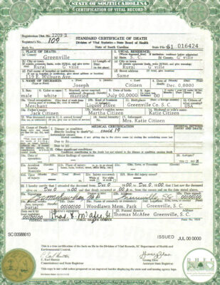 Customizable USA South Carolina state Death Certificate PSD Templates | Instant Download