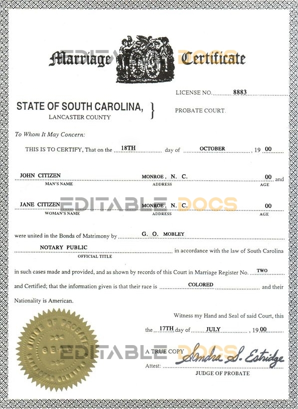 USA South carolina Marriage Certificate Editable PSD Templates