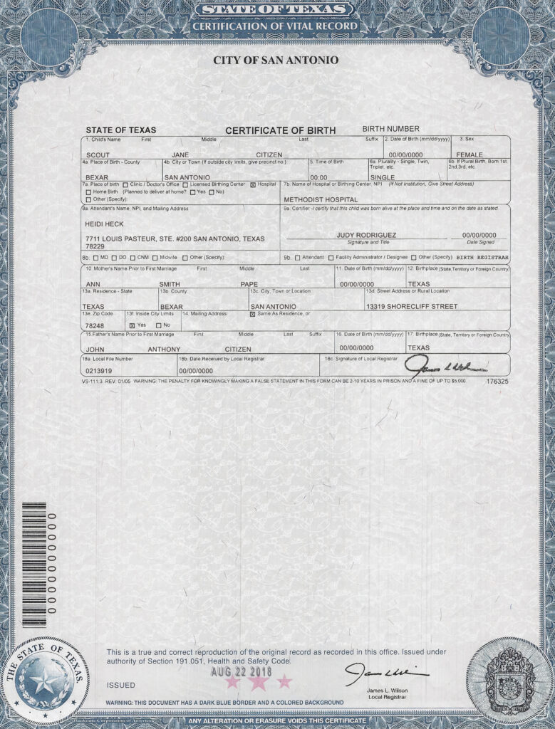 USA Texas state birth certificate template in PSD format, fully editable