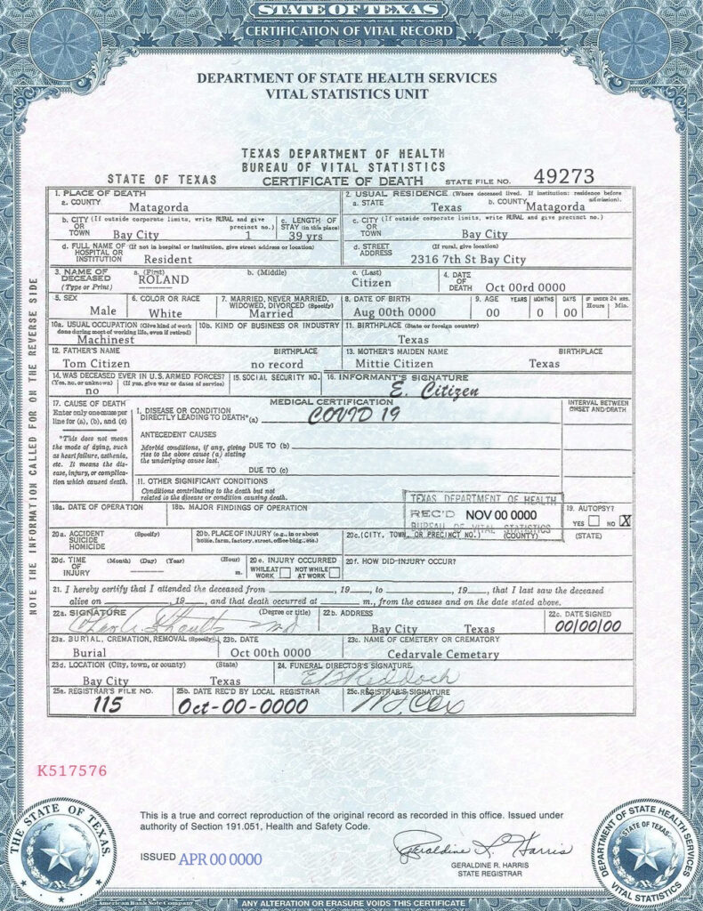 USA Texas state death certificate template in PSD format, fully editable