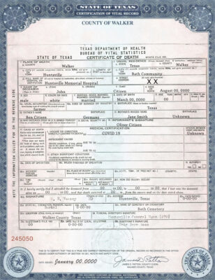 Customizable USA Texas state Death Certificate PSD Templates | Instant Download