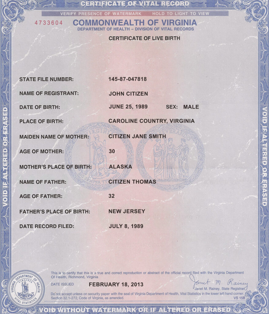 USA Virginia state birth certificate template in PSD format, fully editable
