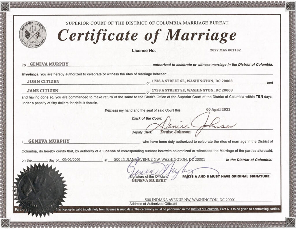 USA Washington district of Columbia Marriage Certificate Editable PSD Templates