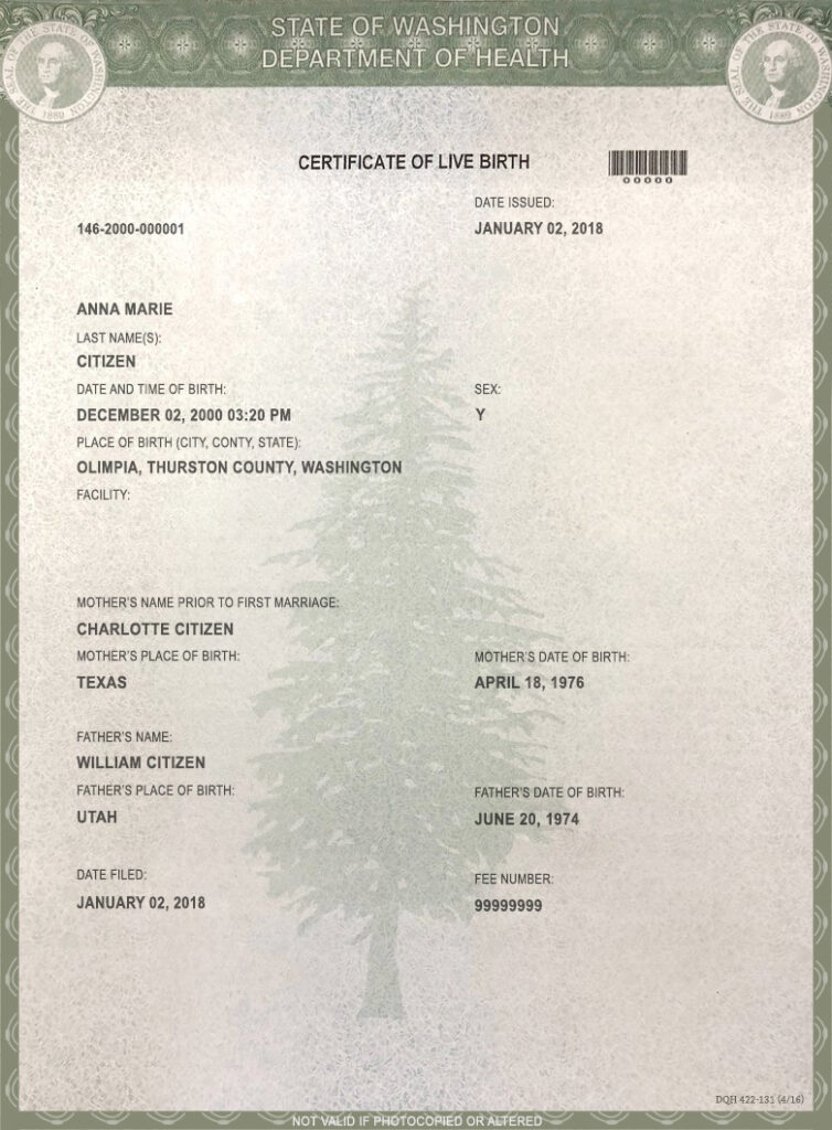 USA Washington state birth certificate template in PSD format, fully editable