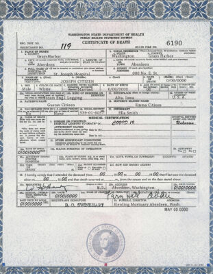 Customizable USA Washington state Death Certificate PSD Templates | Instant Download