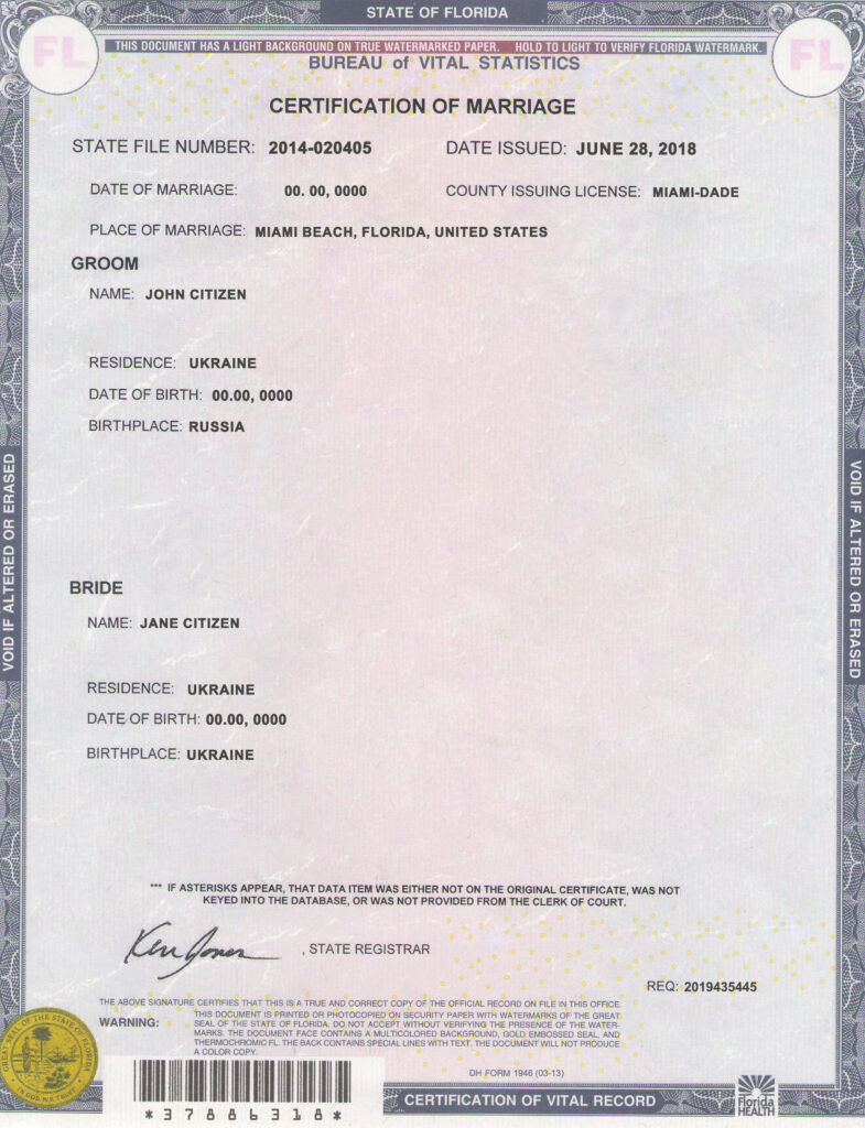 USA florida Marriage Certificate Editable PSD Templates