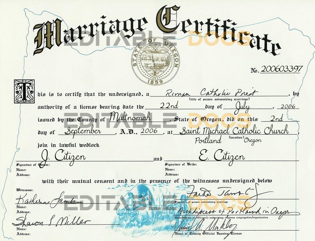 USA oregon Marriage Certificate Editable PSD Templates