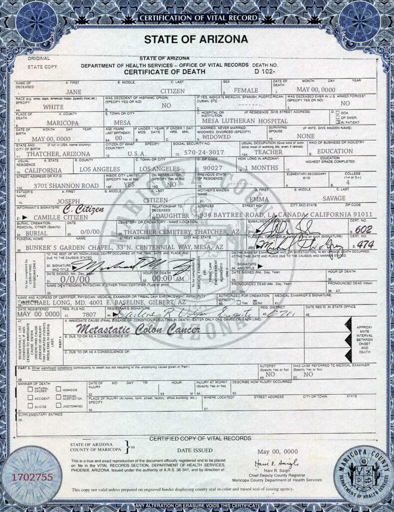 USA state Arizona death certificate template in PSD format, fully editable