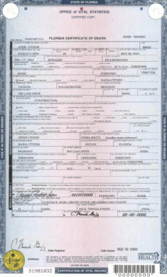 Customizable USA state Florida Death Certificate PSD Templates | Instant Download