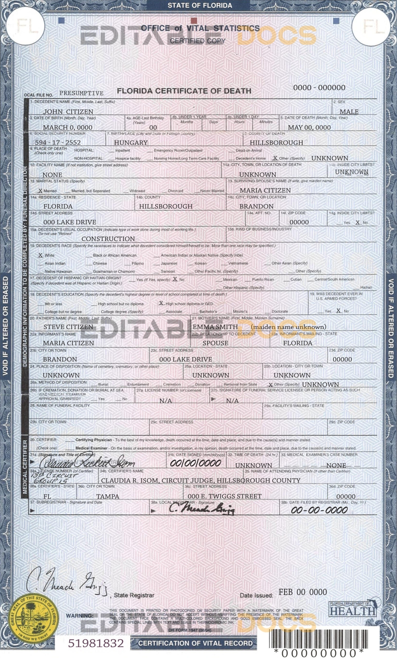 Customizable USA state Florida Death Certificate PSD Templates | Instant Download