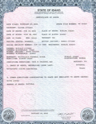 Customizable USA state Idaho Death Certificate PSD Templates | Instant Download