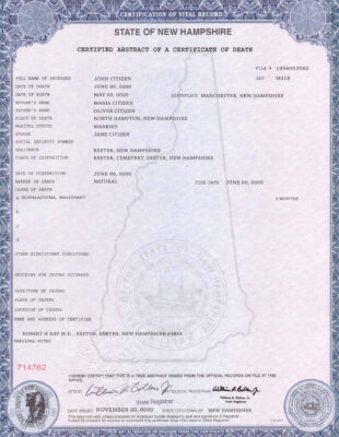 Customizable USA state New Hampshire Death Certificate PSD Templates | Instant Download