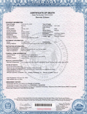 Customizable USA state Utah Death Certificate PSD Templates | Instant Download