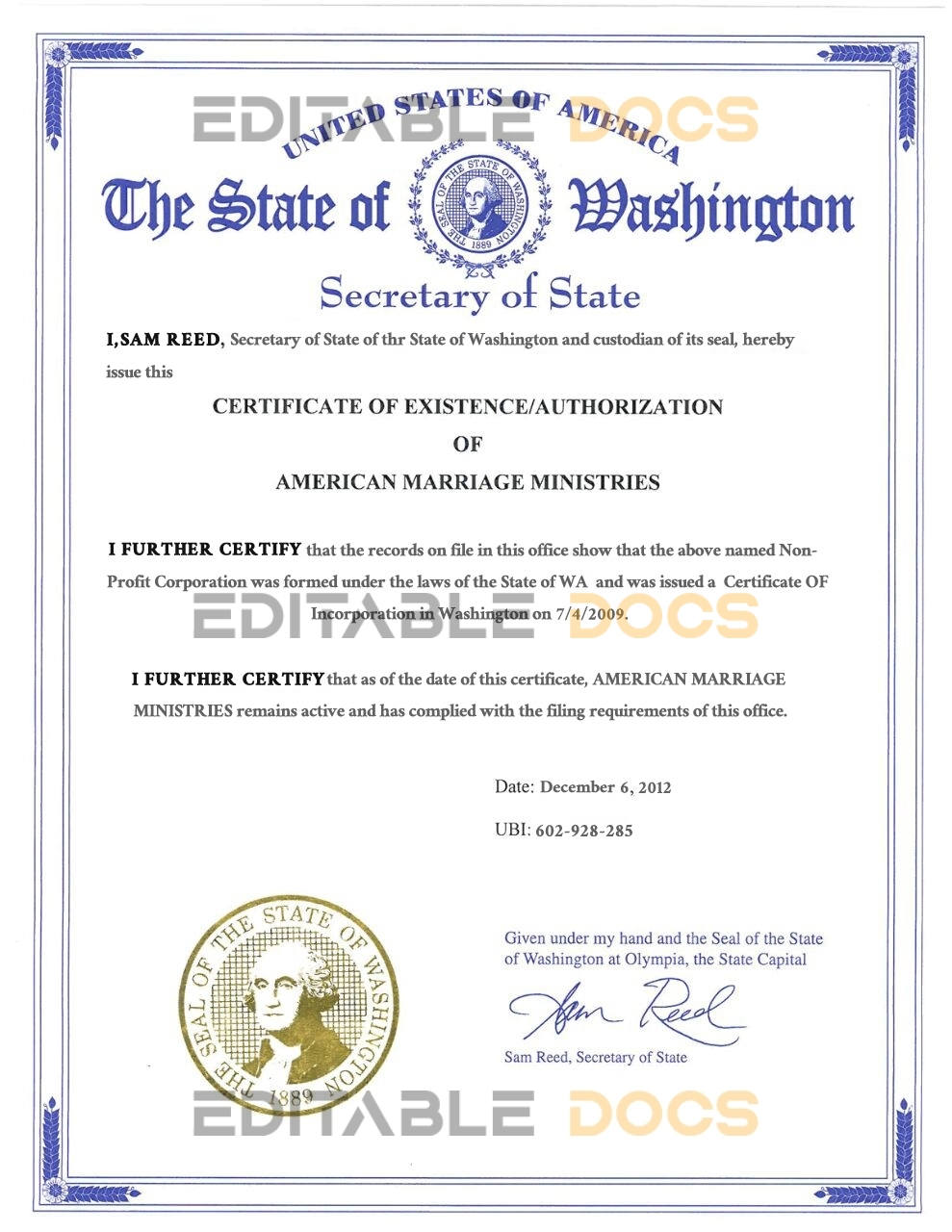 USA washington Marriage Certificate | Editable PSD Templates