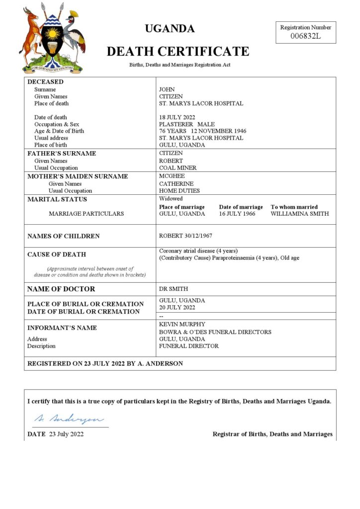 Uganda vital record death certificate Word and PDF template