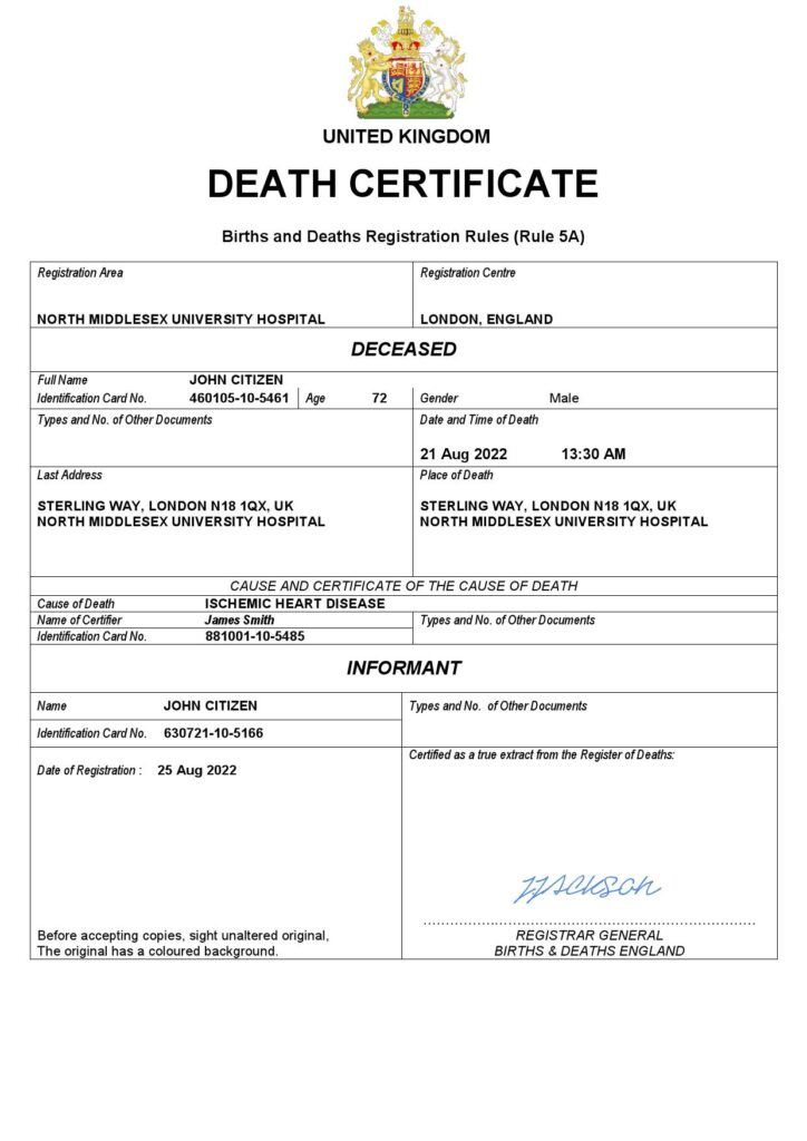 United Kingdom vital record death certificate Word and PDF template
