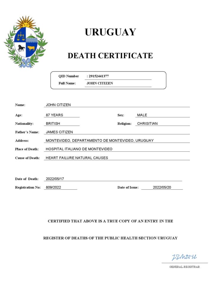 Uruguay death certificate Word and PDF template, completely editable