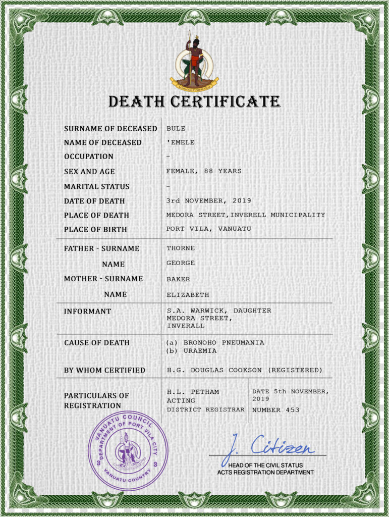 Vanuatu vital record death certificate PSD template, completely editable