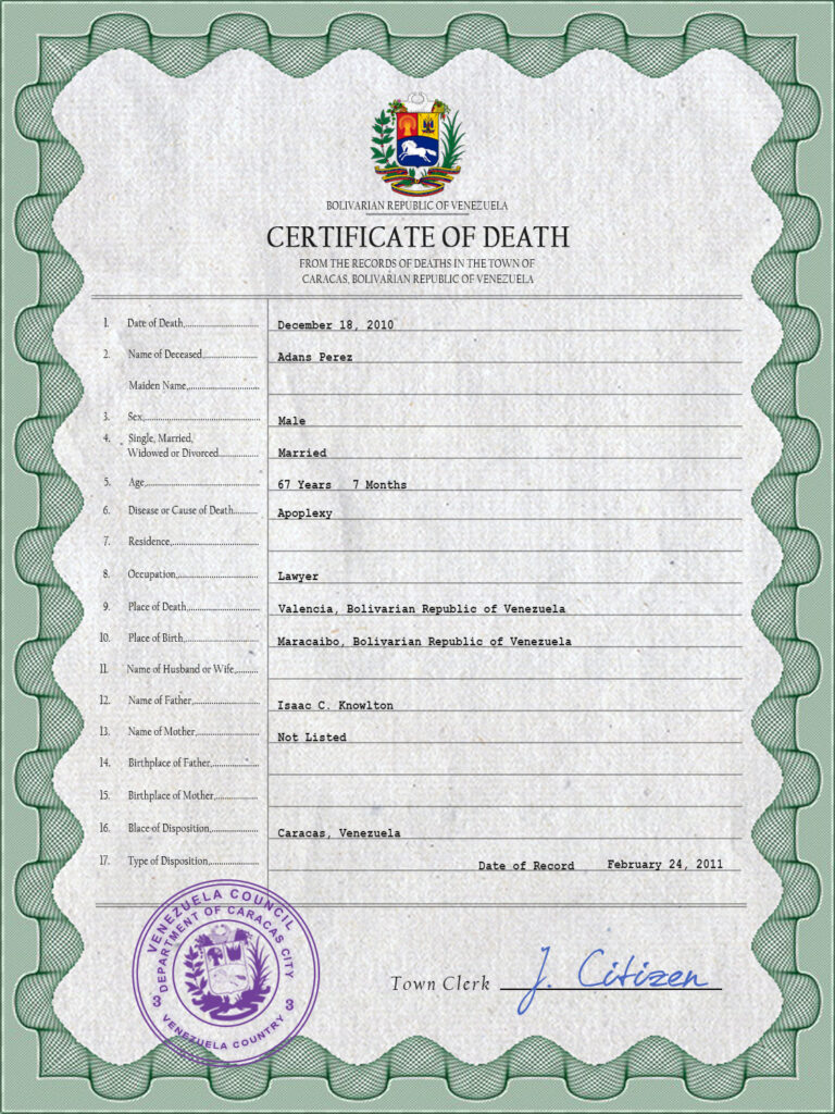 Venezuela vital record death certificate PSD template, fully editable