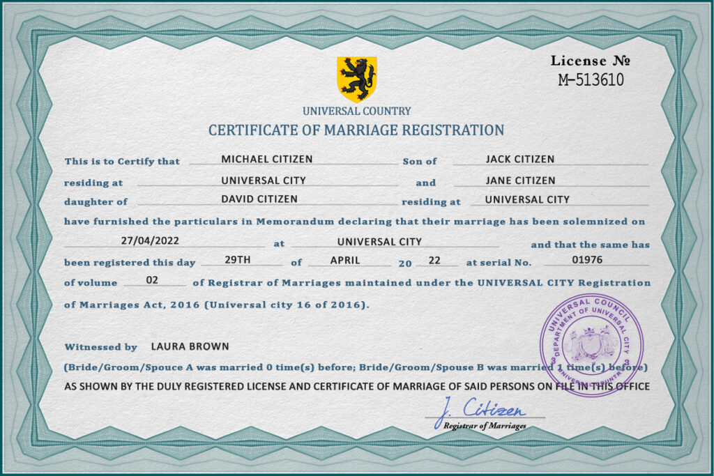 affection universal Marriage Certificate