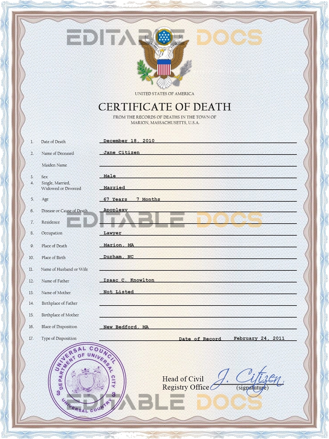 Customizable Affiliate Universal Death Certificate PSD Templates | Instant Download
