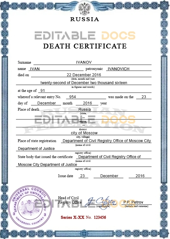 Customizable Alliance Vital Record Universal Death Certificate PSD Templates