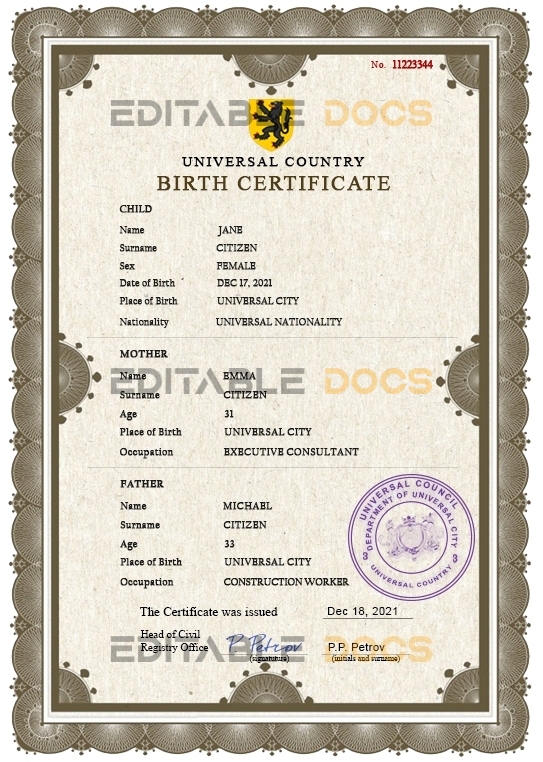 Authentic allied universal Birth Certificate PSD Template
