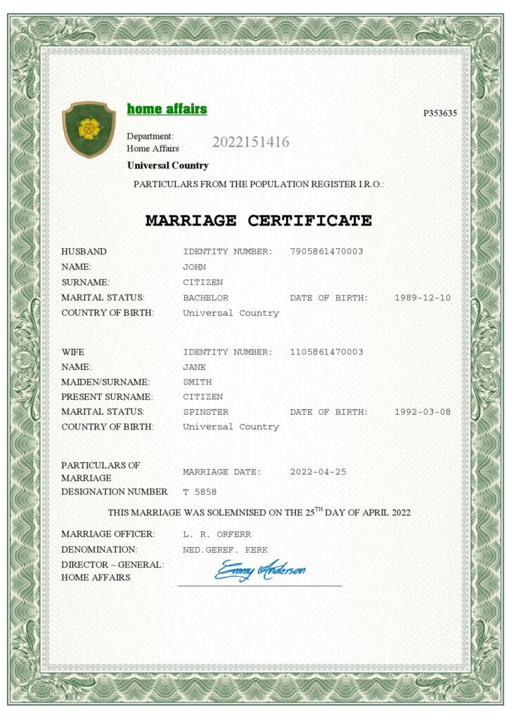 amore universal Marriage Certificate