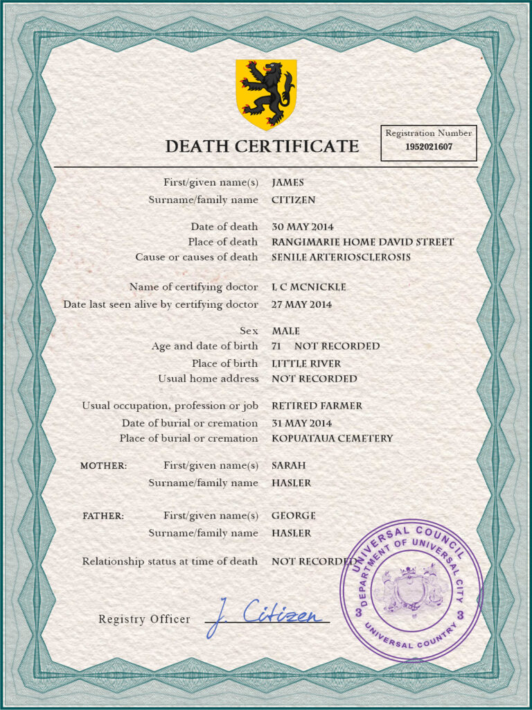 Customizable Apex Vital Record Universal Death Certificate PSD Templates