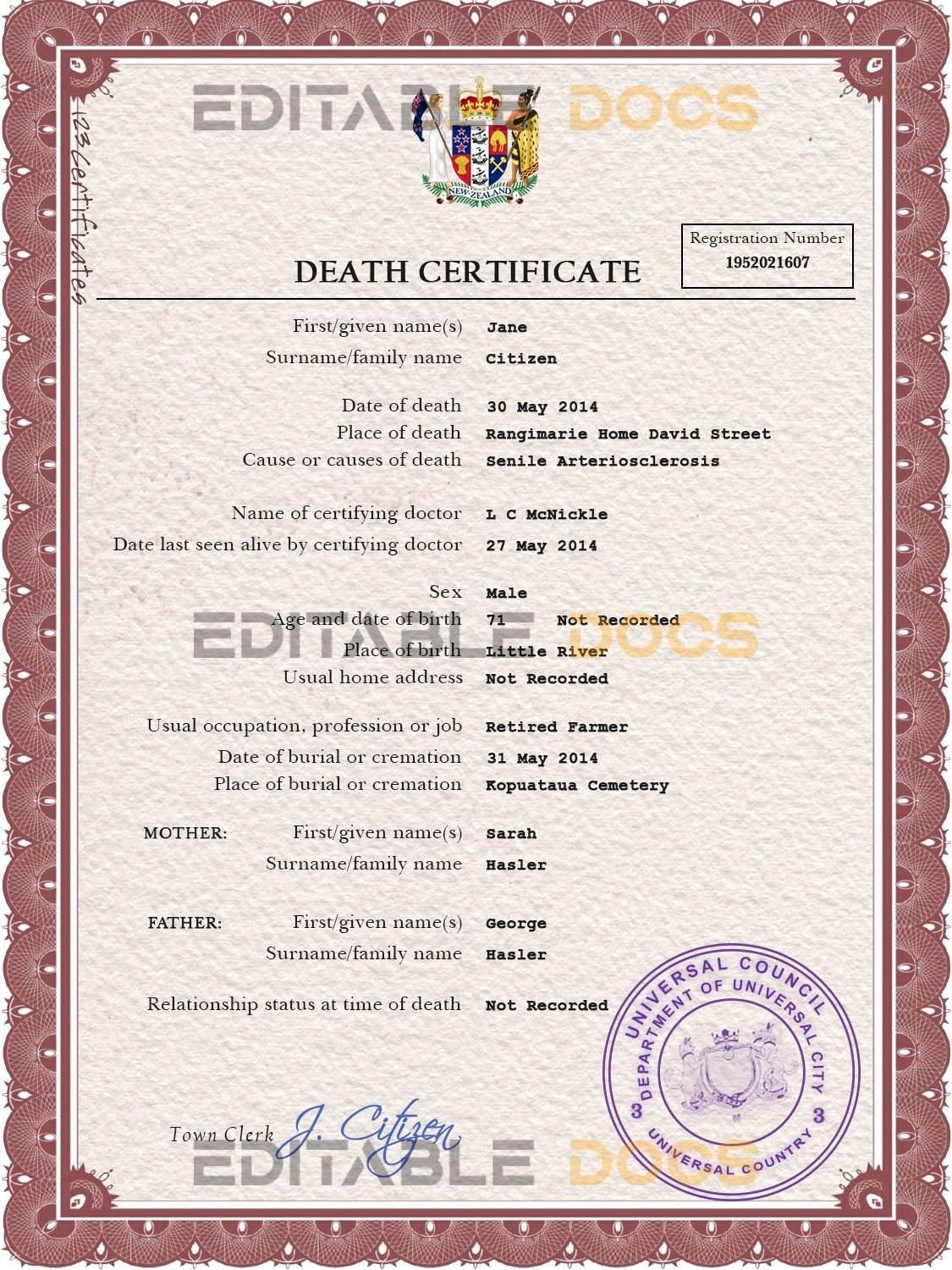 Customizable Arms First-Choice Vital Record Universal Death Certificate PSD Templates