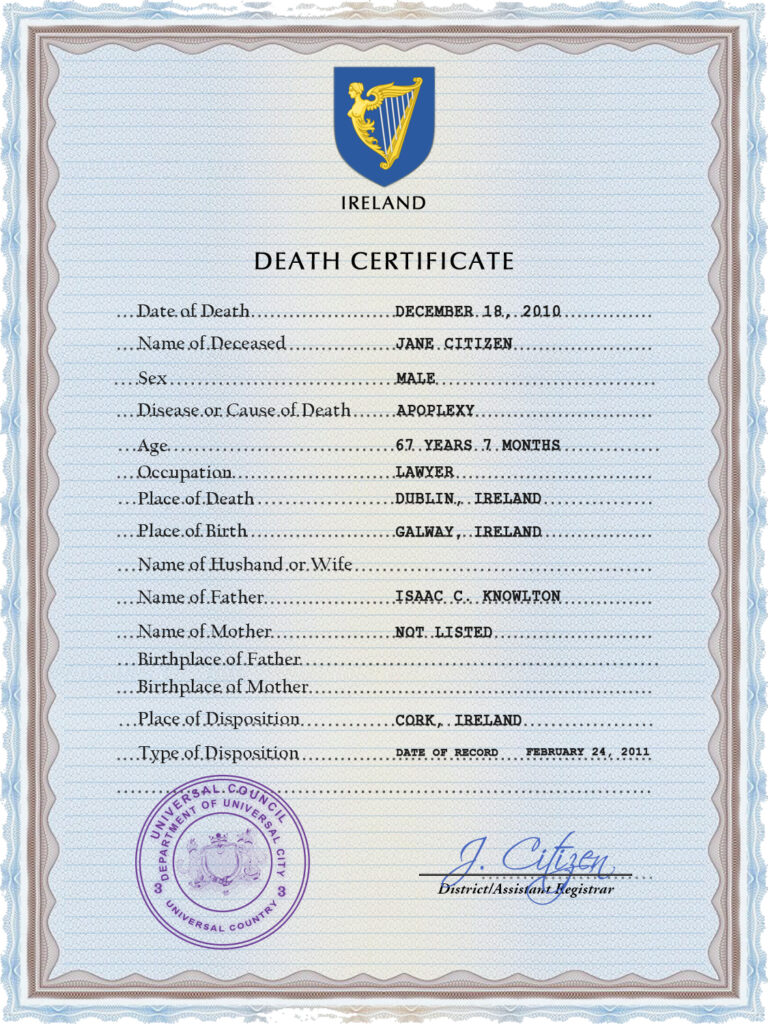 Customizable Arms Vision Vital Record Universal Death Certificate PSD Templates