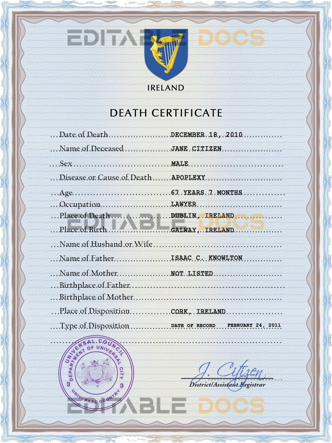 Customizable Arms Vision Vital Record Universal Death Certificate PSD Templates