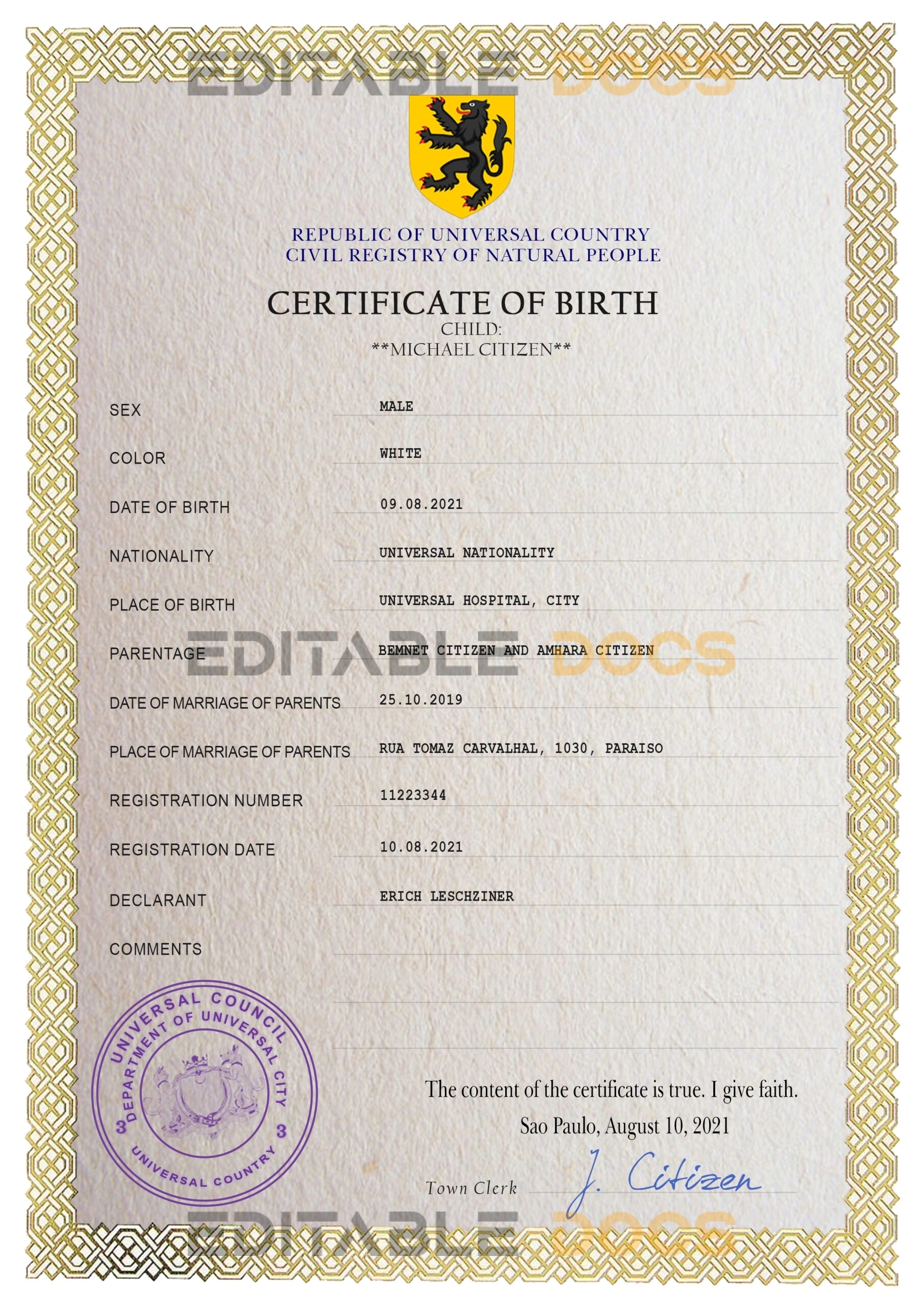 Authentic birthbia universal Birth Certificate PSD Template | Customize and Download Online