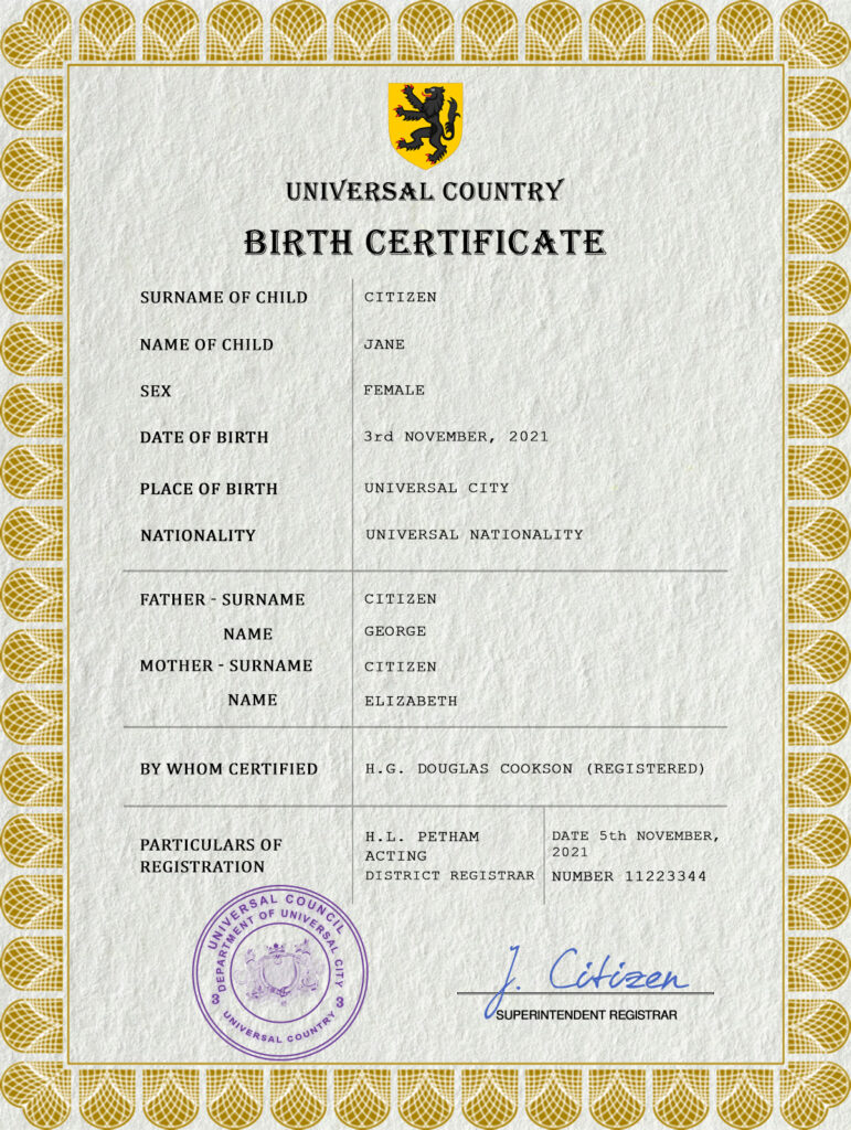 Authentic blackout universal Birth Certificate PSD Template