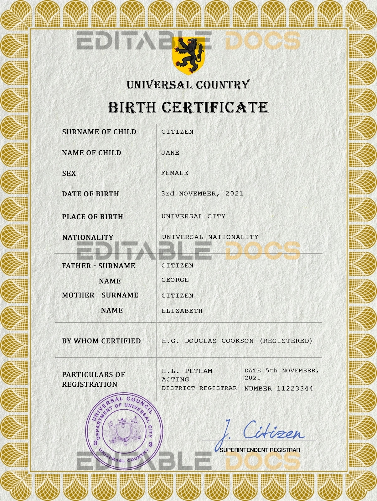 Authentic blackout universal Birth Certificate PSD Template | Customize and Download Online