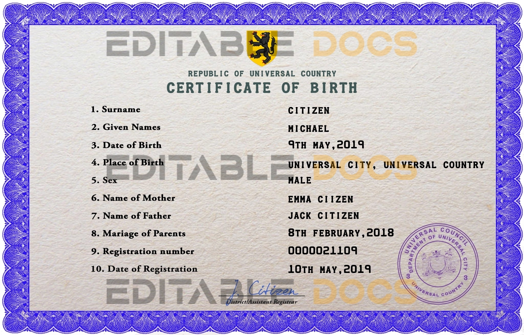 Authentic bold universal Birth Certificate PSD Template | Customize and Download Online