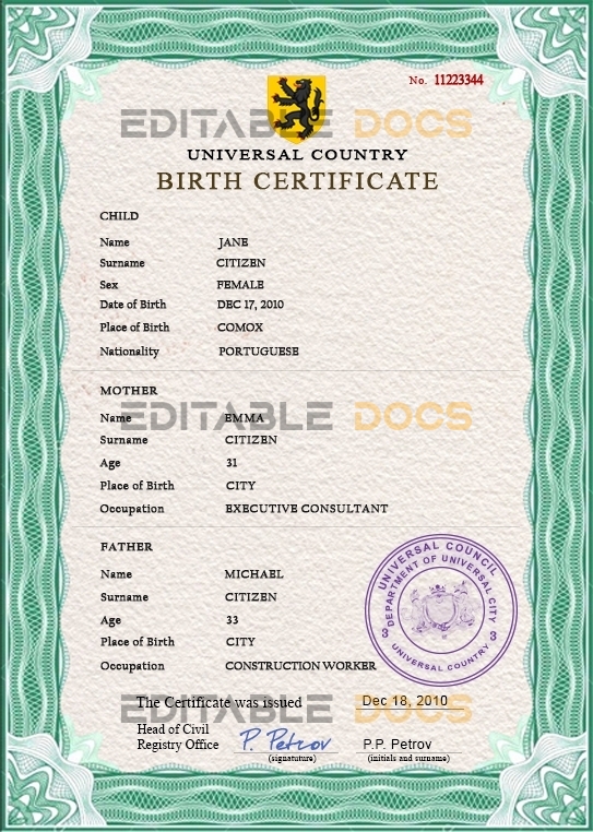 Authentic broadcast variety universal Birth Certificate PSD Template