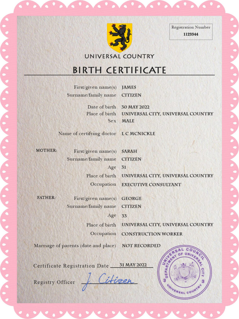 Authentic busk universal Birth Certificate PSD Template